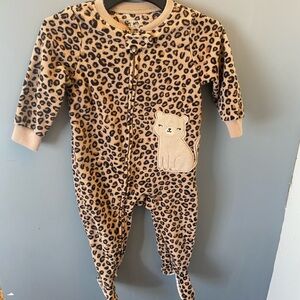 Carter's Tan Leopard Print Fleece One-Piece Footie with Cat Applique